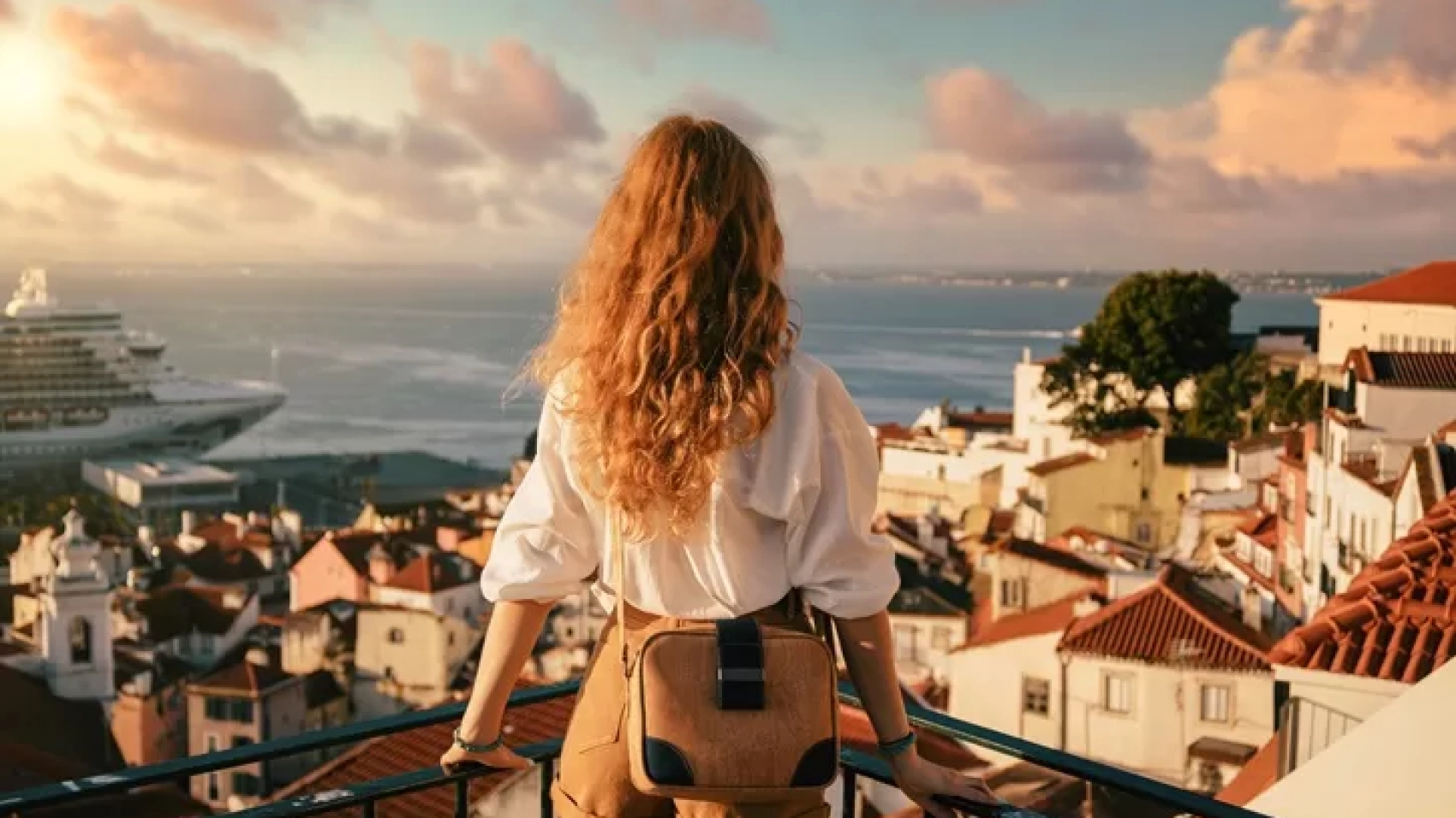 A young female tourist standing on a platform surrounded by fences and observing Lisbon at daytime in Portugal
